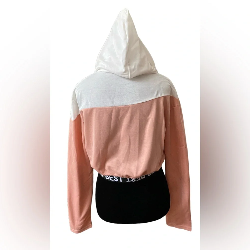 SweatyRocks: Cropped Pink and White Athletic Pullover Hoodie Sweatshirt
